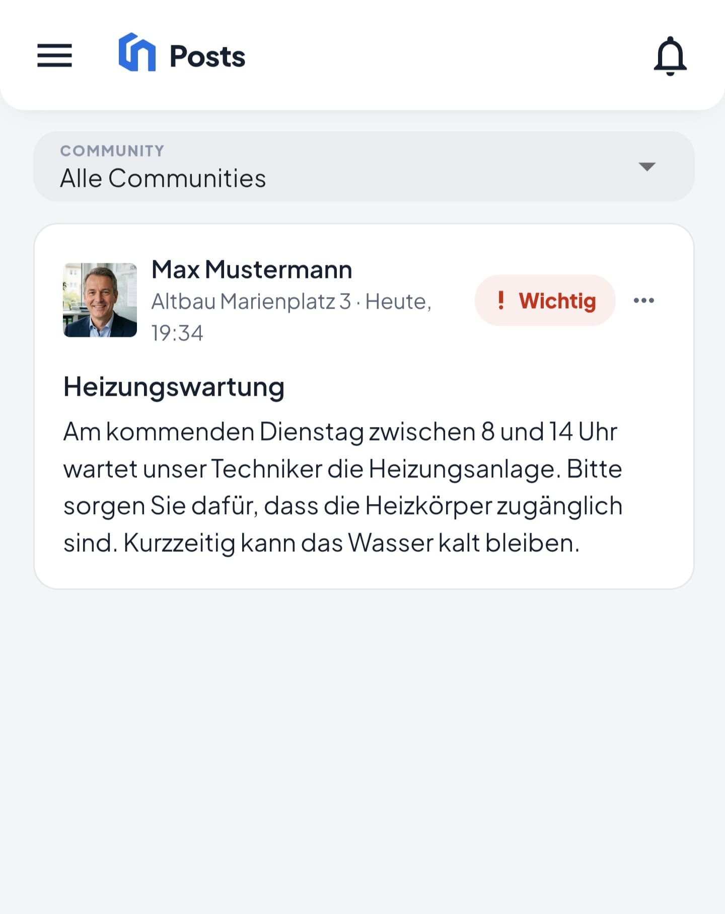Mitteilungen mit Community-Auswahl: ein als wichtig markierter Aushang zur Heizungswartung mit Verfasser, Objekt und Uhrzeit